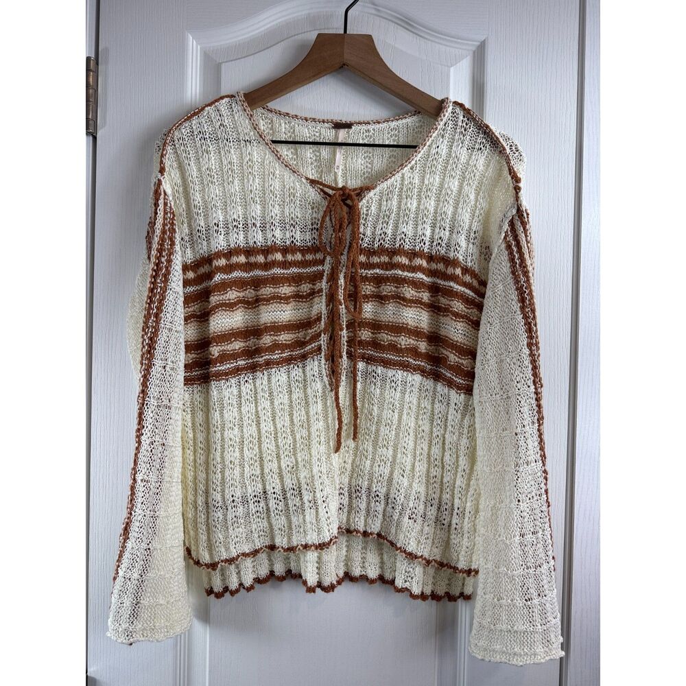 Free People Women's Marina Bay Sweater Cream Brown Crochet Knit Lace Up Size XS